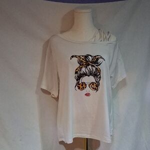 ChicMe White T-Shirt with Leopard Print Girl Head And Straps On The L Shoulder.